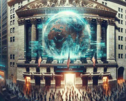 A detailed, high-definition image showcasing a potential revolutionary moment in the energy industry. The setting should depict a symbolic scene expressing the worldwide transition to innovative and sustainable energy sources. Perhaps imagined are the doors of a Wall Street stock exchange, wide open with investors pouring in and a sign that reads 'Promising Energy IPO'. A blend of traditional and futuristic elements like old-style New York architecture, mixed with high-tech displays announcing the launch of this IPO, reflecting the balance of the old and the new in the world of energy.