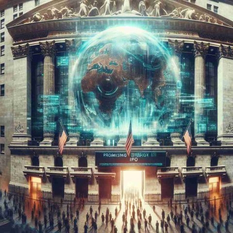 A detailed, high-definition image showcasing a potential revolutionary moment in the energy industry. The setting should depict a symbolic scene expressing the worldwide transition to innovative and sustainable energy sources. Perhaps imagined are the doors of a Wall Street stock exchange, wide open with investors pouring in and a sign that reads 'Promising Energy IPO'. A blend of traditional and futuristic elements like old-style New York architecture, mixed with high-tech displays announcing the launch of this IPO, reflecting the balance of the old and the new in the world of energy.