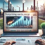 Generate a high-definition, realistic image of an article headline about a surprising surge in the energy industry, specifically a company labeled as 'Dominion', and include relevant elements such as bar graphs indicating a surge, financial news report aesthetics and a background of an industrial setting to provide context. Please note: the image should not contain any real people.