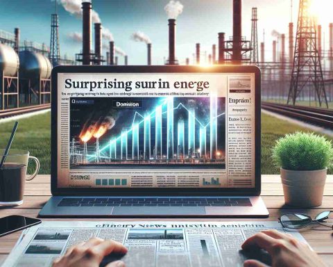 Generate a high-definition, realistic image of an article headline about a surprising surge in the energy industry, specifically a company labeled as 'Dominion', and include relevant elements such as bar graphs indicating a surge, financial news report aesthetics and a background of an industrial setting to provide context. Please note: the image should not contain any real people.