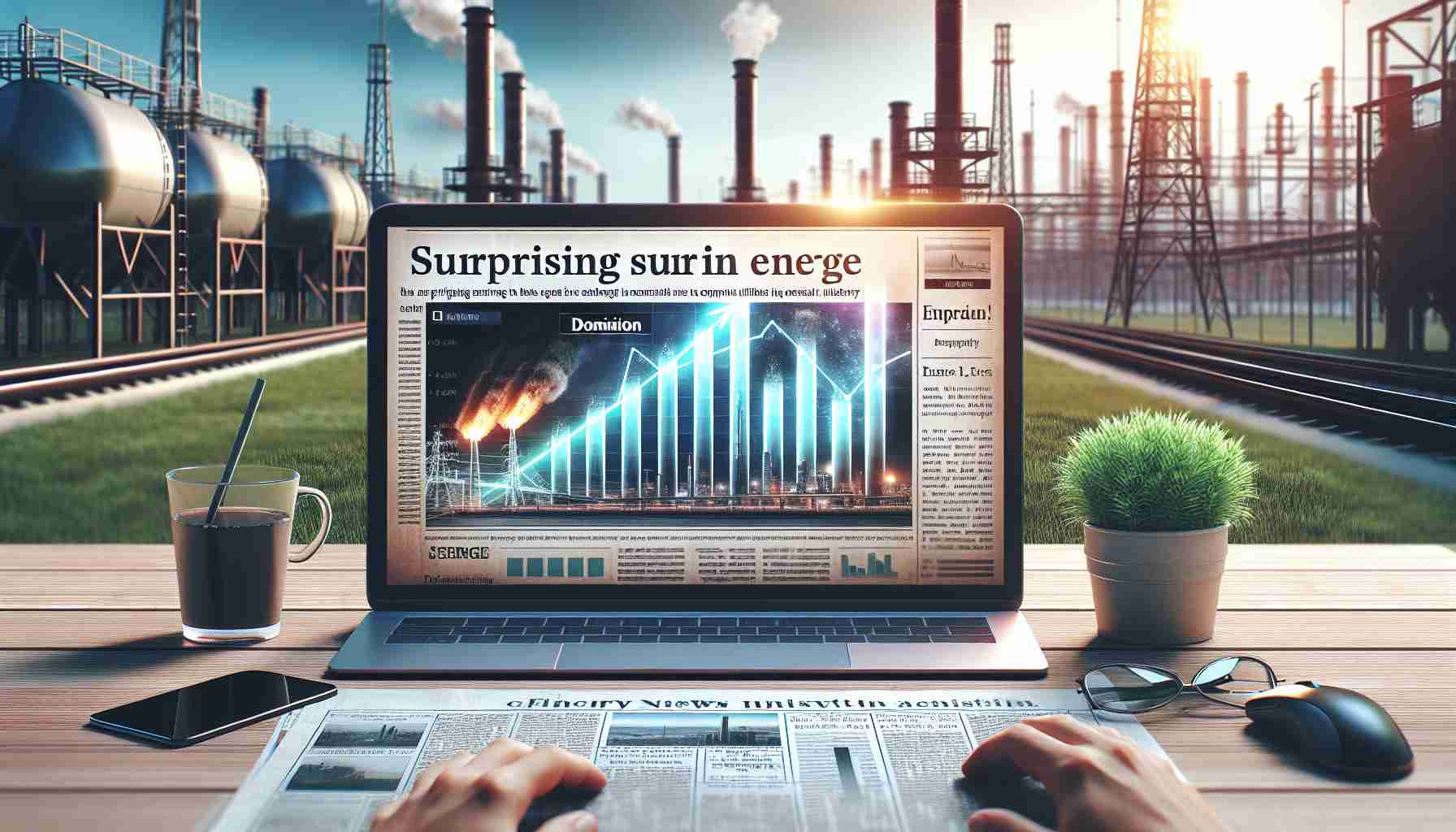 Generate a high-definition, realistic image of an article headline about a surprising surge in the energy industry, specifically a company labeled as 'Dominion', and include relevant elements such as bar graphs indicating a surge, financial news report aesthetics and a background of an industrial setting to provide context. Please note: the image should not contain any real people.