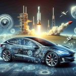 Realistic HD image of an interpretation of the technological revolutions brought about by SpaceX and Tesla. This should include a view of an innovative electric car in the foreground, with a rocket launching into space in the background. Please also include abstract representations of technological advancement and innovation, such a gears, circuit diagrams, or other symbols of modern invention.