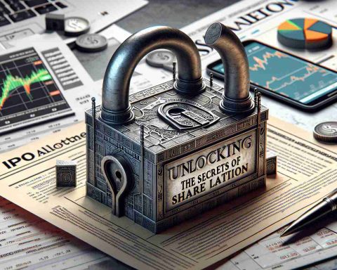 A highly detailed and realistic image showing a metaphorical representation of 'IPO Allotment Status'. It features a large lock with the phrase 'Unlocking the secrets of share allocation' etched onto it. The lock sits upon a stock share certificate. Around this scenario, elements that correlate with the IPO process, such as graphs showing the share prices, a business newspaper talking about the latest IPO, and maybe a laptop showing the stock market fluctuation, can be seen.