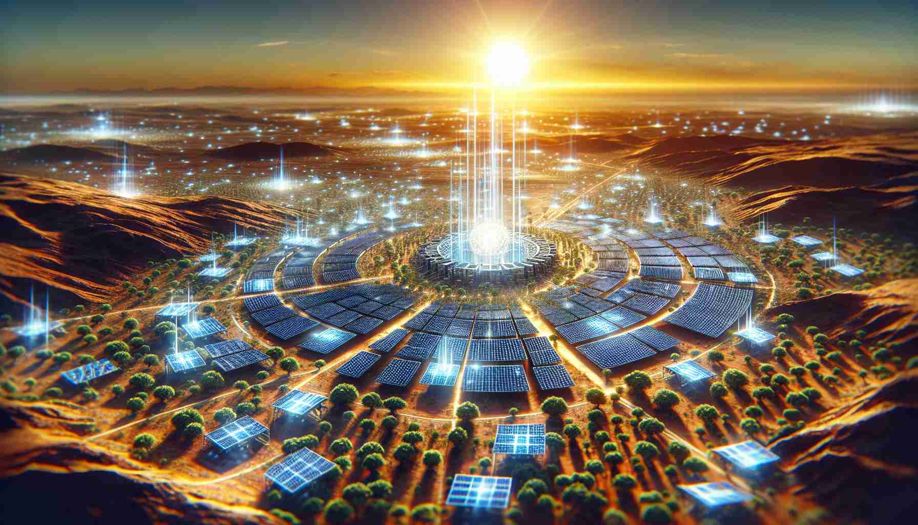 Detailed high-definition image of a momentous breakthrough in solar power. The image showcases a sunlit and thriving African landscape replete with abundant solar panels harnessing the energy of the sun. The technology radiates an aura of innovation, prosperity, and the promise of becoming the next energizing powerhouse. Include futuristic, large-scale solar farms filling the horizon, highlighting the potential for clean energy in Africa.