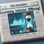 High-definition image of a fictional newspaper headline that says 'Surprising Initial Public Offering! Investors Wait and Watch'. Include visuals that represent the stock market and investing, such as graphs, charts, and symbols of currency. The style should mimic a print newspaper, complete with date, column divisions, and relevant subheadings. Add a photo of an hourglass to represent the waiting aspect.