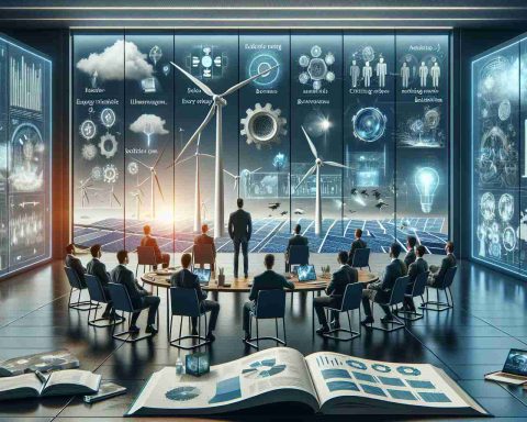 Realistic high-definition image showing the future of energy. The scene represents a group of investors observing the evolving landscape of energy technology, like solar panels, wind turbines, and cutting-edge batteries. A series of business meetings are taking place behind closed doors and diagrams, charts, and infographics about renewable energy resources and technologies are displayed. Additionally, textbooks about advanced energy-related subjects are open, and on a digital screen, an ongoing live discussion about the future of energy is playing.