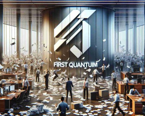 A high-definition image in a realistic style, bringing to life the concept of a significant change or disruption at a corporate establishment, which might be called 'First Quantum'. The company's logo is prominently displayed amidst signs of disarray and confusion - scattered papers, agitated employees, rearranging of office spaces etc. The air is tense as investors and shareholders hover around, their expressions mirroring insecurity and uncertainty, making it clear why they might feel on edge.