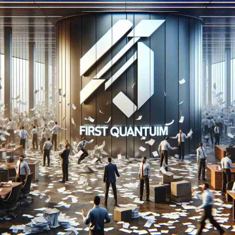 A high-definition image in a realistic style, bringing to life the concept of a significant change or disruption at a corporate establishment, which might be called 'First Quantum'. The company's logo is prominently displayed amidst signs of disarray and confusion - scattered papers, agitated employees, rearranging of office spaces etc. The air is tense as investors and shareholders hover around, their expressions mirroring insecurity and uncertainty, making it clear why they might feel on edge.