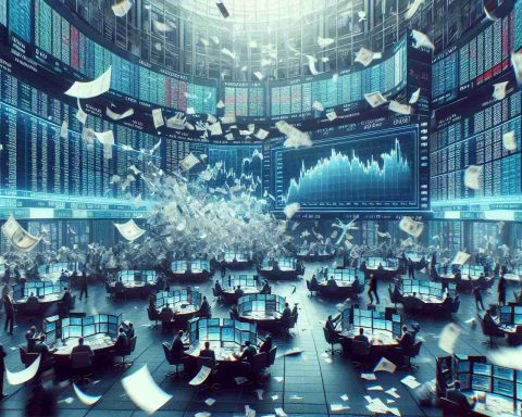 Generate an ultra-high-definition, photorealistic depiction of stock exchange trading. The image should represent the trading of shares, bonds, and intriguing new or alternative assets. This can be symbolized through an image of a lively exchange floor with paper flying, big screens showcasing fluctuating numbers, and traders actively engaged in work. To represent the 'something else,' incorporate an abstract element that stands out and captures the observer's curiosity.