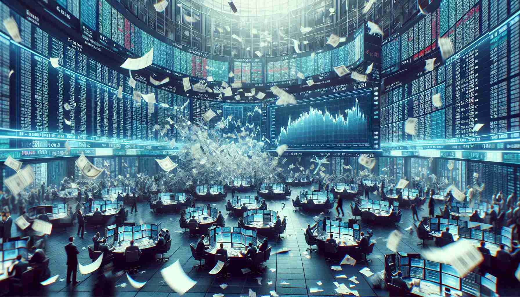 Generate an ultra-high-definition, photorealistic depiction of stock exchange trading. The image should represent the trading of shares, bonds, and intriguing new or alternative assets. This can be symbolized through an image of a lively exchange floor with paper flying, big screens showcasing fluctuating numbers, and traders actively engaged in work. To represent the 'something else,' incorporate an abstract element that stands out and captures the observer's curiosity.