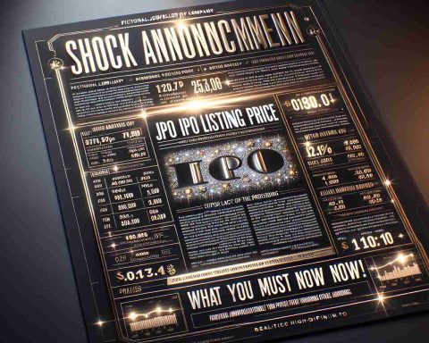 Realistic high-definition image of a stunning announcement bulletin. The headline reads, 'Shock Announcement: Fictional Jewellery Company's IPO Listing Price! What You Must Know Now.' The bulletin includes more detailed text and statistics below the headline, and the background is themed with the concept of jewelry, featuring hints of glinting gold and sparkling diamonds.