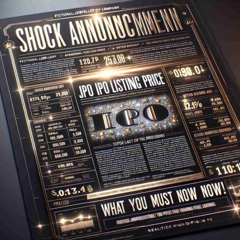 Realistic high-definition image of a stunning announcement bulletin. The headline reads, 'Shock Announcement: Fictional Jewellery Company's IPO Listing Price! What You Must Know Now.' The bulletin includes more detailed text and statistics below the headline, and the background is themed with the concept of jewelry, featuring hints of glinting gold and sparkling diamonds.