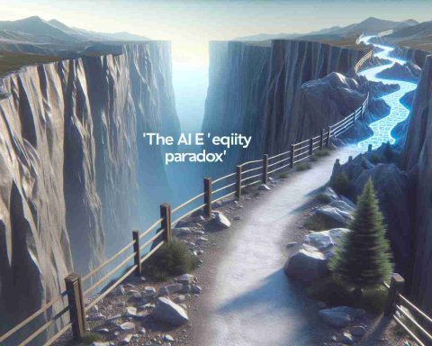 Create an image that depicts 'The AI Equity Paradox'. The scene should include visuals representing risky gains such as a narrow, windy mountain path with sharp cliffs on either side to metaphorically indicate the uncharted paths ahead. The rendering of the image should be highly detailed and realistic.