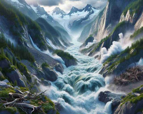 A high-definition and realistic depiction of a tumultuous alpine river, indicative of hydropower havoc. Churning rapids course through the rugged mountain terrain, fueled by melting snow, and evoking concerns about risks to these pristine environments due to excessive harnessing of hydroelectric energy. Nearby, flora and fauna exhibit signs of stress from the chaotic environment, underscoring the urgency and potential danger of this environmental issue.