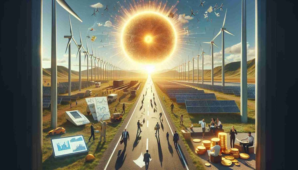 A high-definition realistic image showcasing the concept of 'Big Changes Ahead' in the context of Renewable Energy Investments. The scene should depict a road extending towards the horizon, symbolizing the future. On the sides of the road are windmills, solar panels, and hydro-electric dams, representing different types of renewable energy sources. In the sky, a large, charismatic sun illuminating the path demonstrates the bright prospect of investing in renewable energy. On the road, various demographic categories of people can be seen engaged in activities symbolizing investment - analyzing charts, discussing, carrying gold coins etc., indicating a diverse group of investors.