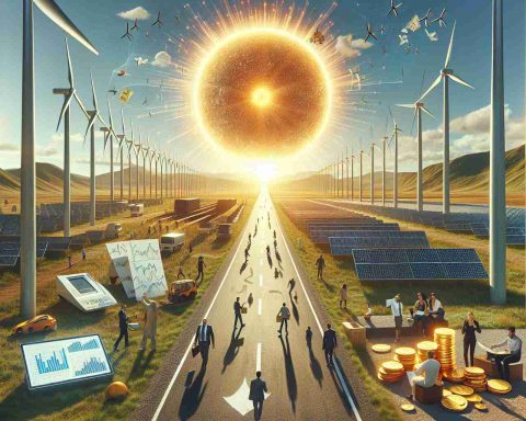 A high-definition realistic image showcasing the concept of 'Big Changes Ahead' in the context of Renewable Energy Investments. The scene should depict a road extending towards the horizon, symbolizing the future. On the sides of the road are windmills, solar panels, and hydro-electric dams, representing different types of renewable energy sources. In the sky, a large, charismatic sun illuminating the path demonstrates the bright prospect of investing in renewable energy. On the road, various demographic categories of people can be seen engaged in activities symbolizing investment - analyzing charts, discussing, carrying gold coins etc., indicating a diverse group of investors.