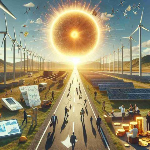 A high-definition realistic image showcasing the concept of 'Big Changes Ahead' in the context of Renewable Energy Investments. The scene should depict a road extending towards the horizon, symbolizing the future. On the sides of the road are windmills, solar panels, and hydro-electric dams, representing different types of renewable energy sources. In the sky, a large, charismatic sun illuminating the path demonstrates the bright prospect of investing in renewable energy. On the road, various demographic categories of people can be seen engaged in activities symbolizing investment - analyzing charts, discussing, carrying gold coins etc., indicating a diverse group of investors.