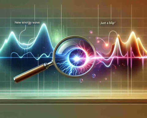 An ultra high definition image visualizing an abstract concept: Two energy curves - one representing 'New Energy Wave' and the other 'Just a Blip'. 'New Energy Wave' curve should be depicted as a continuous, rising wave with bright, electrifying colors. 'Just a Blip' curve should be shown as a small, momentary spike with more muted colors. A magnifying glass hovers over the intersection point of the two curves, symbolizing the process of discovering the unexpected surge. The background should be a neutral, sleek design, indicating a scientific or analytical environment.