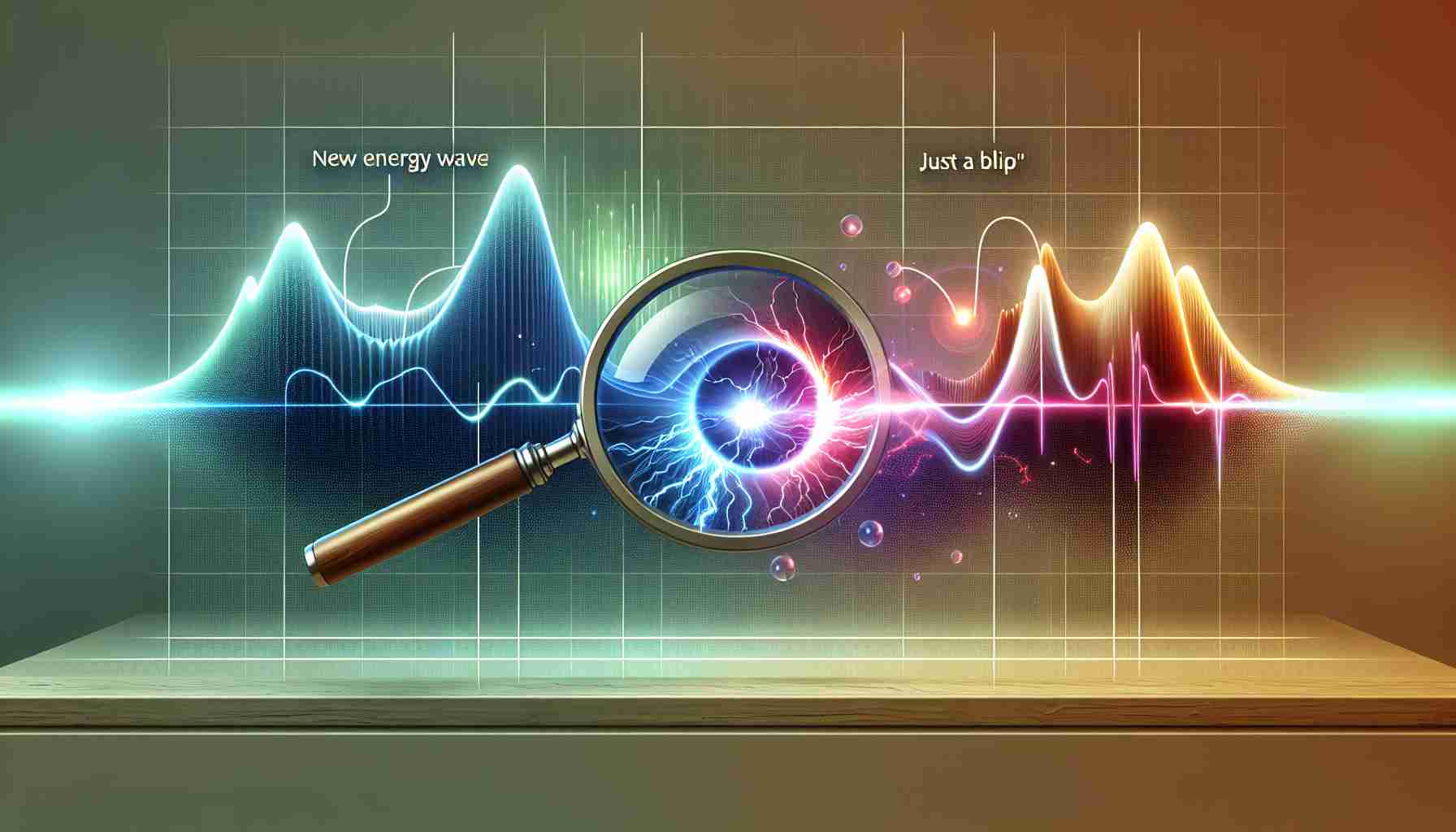 An ultra high definition image visualizing an abstract concept: Two energy curves - one representing 'New Energy Wave' and the other 'Just a Blip'. 'New Energy Wave' curve should be depicted as a continuous, rising wave with bright, electrifying colors. 'Just a Blip' curve should be shown as a small, momentary spike with more muted colors. A magnifying glass hovers over the intersection point of the two curves, symbolizing the process of discovering the unexpected surge. The background should be a neutral, sleek design, indicating a scientific or analytical environment.