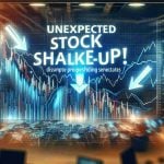 An HD quality image showing the concept of an unexpected stock market shake-up. Illustrate this with an infographic showing the sudden plunge of the AI stocks, represented by downward arrows or a declining graph, despite surpassing estimates. The words 'Unexpected Stock Shake-Up! AI Stocks Plunge Despite Surpassing Estimates' are prominently displayed in a large, eye-catching font. The background can be a busy office setting or a trading floor, blurred out to focus on the main subject of the image.