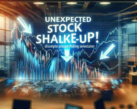 An HD quality image showing the concept of an unexpected stock market shake-up. Illustrate this with an infographic showing the sudden plunge of the AI stocks, represented by downward arrows or a declining graph, despite surpassing estimates. The words 'Unexpected Stock Shake-Up! AI Stocks Plunge Despite Surpassing Estimates' are prominently displayed in a large, eye-catching font. The background can be a busy office setting or a trading floor, blurred out to focus on the main subject of the image.