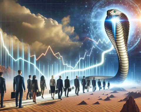 A realistic, high-definition image depicting a metaphorical scenario illustrating the concept of investors being attracted to Diamondback Energy. Show a diamondback snake emitting a strong, magnetic force in a desert environment with futuristic business people, diverse in gender and descent, being drawn towards it. On the edge of the scene, insert a line graph showing an upward trend to symbolize market shifts.