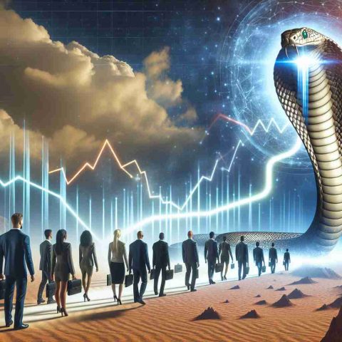 A realistic, high-definition image depicting a metaphorical scenario illustrating the concept of investors being attracted to Diamondback Energy. Show a diamondback snake emitting a strong, magnetic force in a desert environment with futuristic business people, diverse in gender and descent, being drawn towards it. On the edge of the scene, insert a line graph showing an upward trend to symbolize market shifts.