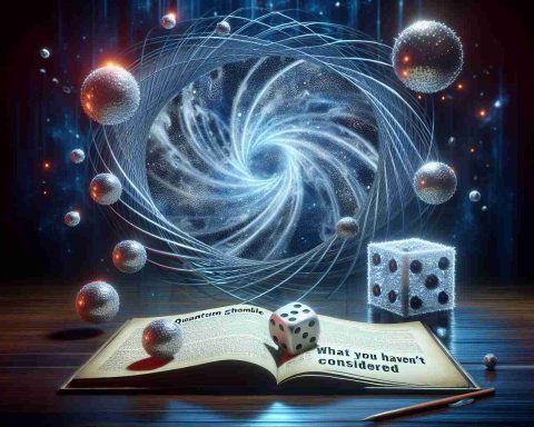 Please generate a realistic high-definition image depicting the concept of 'Quantum Gamble'. The image should visualize the unseen or unpredicted implications of this concept. It might showcase elements like quantum particles, dice to symbolize the gamble, and maybe uncertainty waves or other abstract representations to illustrate the 'unseen implications'. Include a book or paper, maybe in the foreground, that has the title 'What You Haven't Considered' written on it. The image should overall have a serious and contemplative tone.