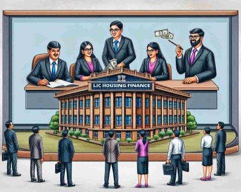 Detailed portrayal of significant changes in Indian housing finance. Illustrate an institutional building with 'LIC Housing Finance' on top. People of Indian descent, both male and female, dressed professionally look excited as they reveal game-changing strategies on a large screen behind them in a high-definition realistic style.