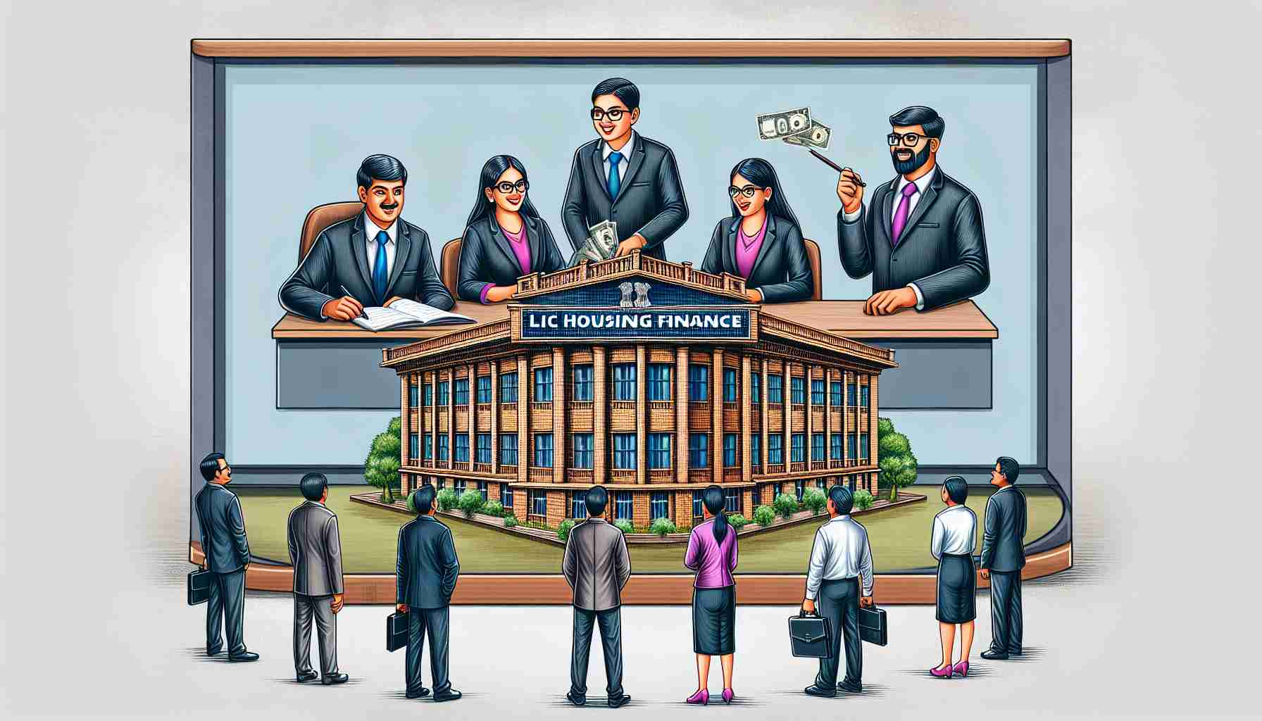 Detailed portrayal of significant changes in Indian housing finance. Illustrate an institutional building with 'LIC Housing Finance' on top. People of Indian descent, both male and female, dressed professionally look excited as they reveal game-changing strategies on a large screen behind them in a high-definition realistic style.