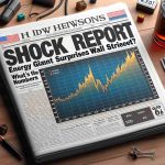 Create an HD realistic visual representation of a newspaper's front page with the headline - 'Shock Report: Energy Giant Surprises Wall Street. What's Behind the Numbers?' The newspaper should look freshly printed, with the headline in bold and clear letters, and other smaller headlines and articles in the background. Illustrate a dramatic surge in a line graph to depict the surprising event.