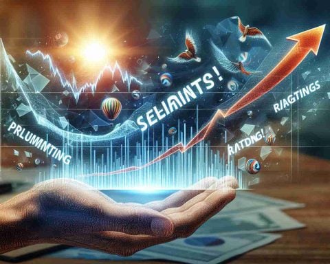 Create a detailed, high-definition visual representation of the metaphor 'soaring estimates, plummeting ratings!' This is linked to the future of a flagging energy stock. Include the upward and downward fluctuations to represent dynamic shifts in estimates and ratings respectively. Place this against the background of a stock market chart, showing both positive and negative trends.