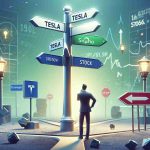 A realistic HD visualization of a symbolic crossroads, with signposts indicating directions. On one signpost, the word 'Tesla' is written, representing the company's stock. A metaphorical representation of the dilemma faced by investors is also depicted, walking thoughtfully around the crossroads, considering the directions. The surrounding scene is filled with various economic and stock market symbols. This is portraying the current moment for Tesla's stock, where investors need to make crucial decisions.