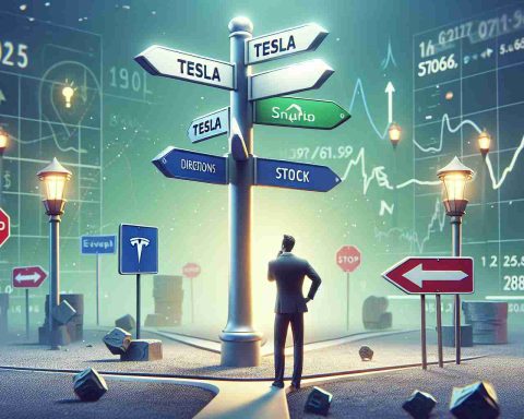 A realistic HD visualization of a symbolic crossroads, with signposts indicating directions. On one signpost, the word 'Tesla' is written, representing the company's stock. A metaphorical representation of the dilemma faced by investors is also depicted, walking thoughtfully around the crossroads, considering the directions. The surrounding scene is filled with various economic and stock market symbols. This is portraying the current moment for Tesla's stock, where investors need to make crucial decisions.