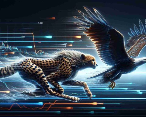 Realistic high-definition image depicting a concept of 'AI Stocks Showdown'. Illustrate two abstract representations of competing artificial intelligence stocks in a metaphorical mode. One could be visualized as a fast-paced cheetah and the other as a soaring eagle, both competing in a race implying their performance in the stock market. Please avoid any company logos or specific stock symbols.