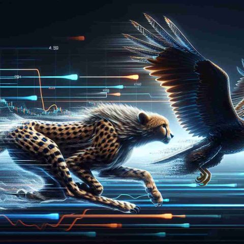 Realistic high-definition image depicting a concept of 'AI Stocks Showdown'. Illustrate two abstract representations of competing artificial intelligence stocks in a metaphorical mode. One could be visualized as a fast-paced cheetah and the other as a soaring eagle, both competing in a race implying their performance in the stock market. Please avoid any company logos or specific stock symbols.