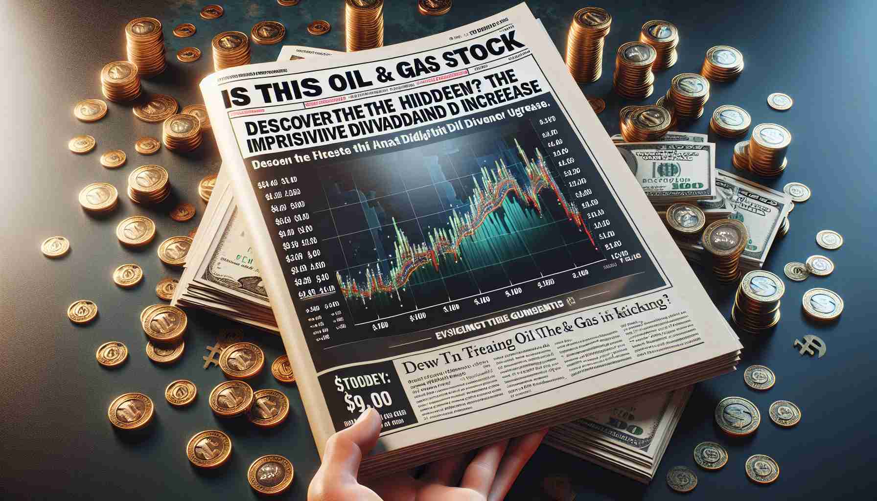 Realistic high-definition image of a printed financial report with the headline 'Is This Oil & Gas Stock a Hidden Gem? Discover the Impressive Dividend Increase'