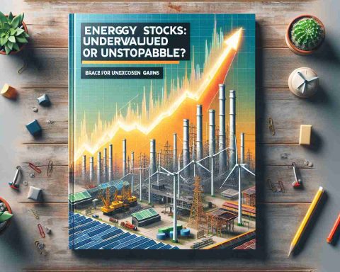 High-definition realistic image of cover for a financial report with the headline 'Energy Stocks: Undervalued or Unstoppable? Brace for Unforeseen Gains'. The cover features an illustrative graph implying upward trend, positioned against a backdrop of industrial and renewable energy sources like wind turbines, solar panels, and oil rigs.