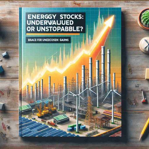 High-definition realistic image of cover for a financial report with the headline 'Energy Stocks: Undervalued or Unstoppable? Brace for Unforeseen Gains'. The cover features an illustrative graph implying upward trend, positioned against a backdrop of industrial and renewable energy sources like wind turbines, solar panels, and oil rigs.