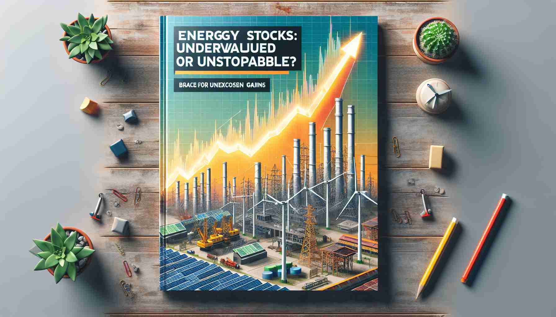 High-definition realistic image of cover for a financial report with the headline 'Energy Stocks: Undervalued or Unstoppable? Brace for Unforeseen Gains'. The cover features an illustrative graph implying upward trend, positioned against a backdrop of industrial and renewable energy sources like wind turbines, solar panels, and oil rigs.