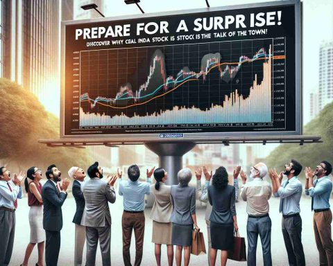 Generate a high-definition, realistic image of a group of diverse investors, each showing a range of emotions from surprise to curiosity. They are focused on a large billboard which reads, 'Prepare for a Surprise! Discover Why Coal India’s Stock is the Talk of the Town.' The billboard ideally features stock market charts showing a rising trend, emphasizing the unexpected surge of this particular stock. The scene unfolds in an urban setting, perhaps near a stock exchange or a busy city street, in the day time.