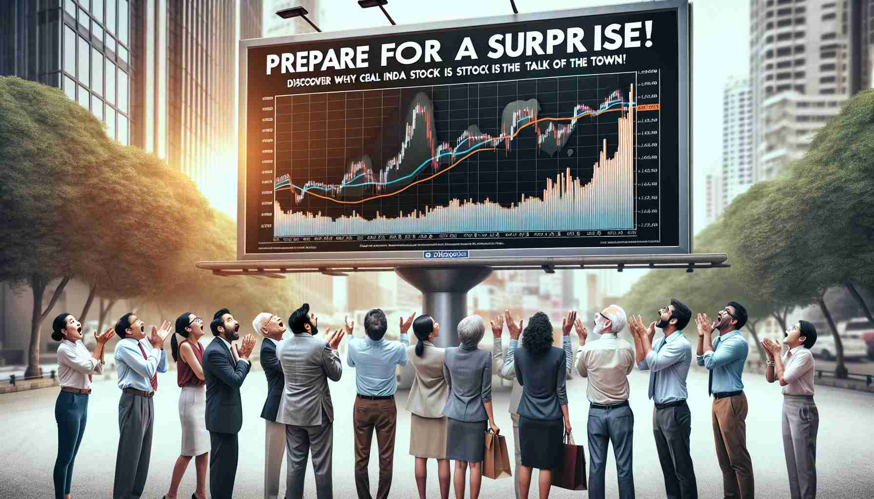 Generate a high-definition, realistic image of a group of diverse investors, each showing a range of emotions from surprise to curiosity. They are focused on a large billboard which reads, 'Prepare for a Surprise! Discover Why Coal India’s Stock is the Talk of the Town.' The billboard ideally features stock market charts showing a rising trend, emphasizing the unexpected surge of this particular stock. The scene unfolds in an urban setting, perhaps near a stock exchange or a busy city street, in the day time.