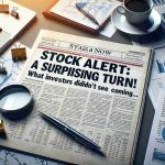 A realistic HD photo of an analytical newspaper article titled 'Stock Alert: A Surprising Turn! What Investors Didn’t See Coming…' The article should be plastered across a desk filled with financial charts, documents, and a pen. The environment should exude a sense of surprise and unpredictability, capturing the volatility and excitement of the stock market.