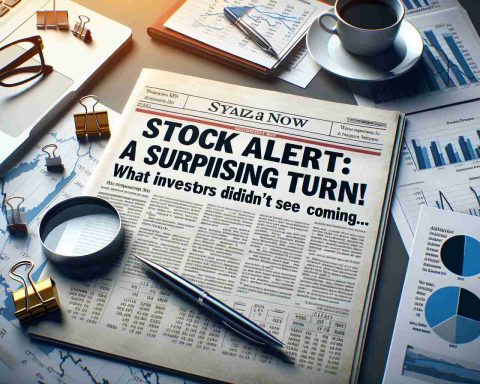 A realistic HD photo of an analytical newspaper article titled 'Stock Alert: A Surprising Turn! What Investors Didn’t See Coming…' The article should be plastered across a desk filled with financial charts, documents, and a pen. The environment should exude a sense of surprise and unpredictability, capturing the volatility and excitement of the stock market.