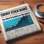 Create a high-definition, realistic image of a newspaper headline that reads 'Energy Stock Soars! You Won’t Believe The Gains'. The newspaper should be spread open on a wooden table with a cup of coffee next to it. The headline is bold and eye-catching, and below the headline should be an upward trending graph showing the increase in energy stocks.