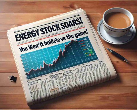 Create a high-definition, realistic image of a newspaper headline that reads 'Energy Stock Soars! You Won’t Believe The Gains'. The newspaper should be spread open on a wooden table with a cup of coffee next to it. The headline is bold and eye-catching, and below the headline should be an upward trending graph showing the increase in energy stocks.