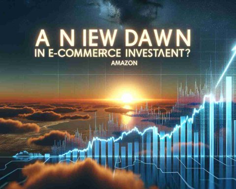 High-definition realistic image depicting a metaphorical sunrise with the text 'A New Dawn in E-commerce Investment?' overlaid on the sky. The foreground features a graph symbolizing share prices soaring, with the label 'Amazon' on it.