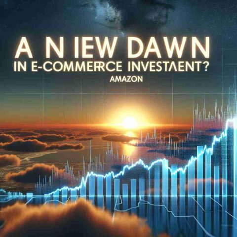 High-definition realistic image depicting a metaphorical sunrise with the text 'A New Dawn in E-commerce Investment?' overlaid on the sky. The foreground features a graph symbolizing share prices soaring, with the label 'Amazon' on it.