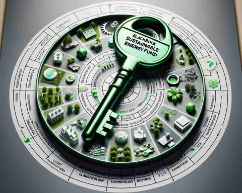 Detailed high-definition illustration of a green key labeled 'BlackRock Sustainable Energy Fund' lying on a circular chart that reveals various aspects of a greener future, including renewable energy resources, eco-friendly transportation, clean technology, conservation, and sustainability efforts.