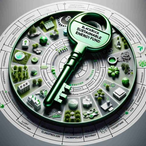 Detailed high-definition illustration of a green key labeled 'BlackRock Sustainable Energy Fund' lying on a circular chart that reveals various aspects of a greener future, including renewable energy resources, eco-friendly transportation, clean technology, conservation, and sustainability efforts.